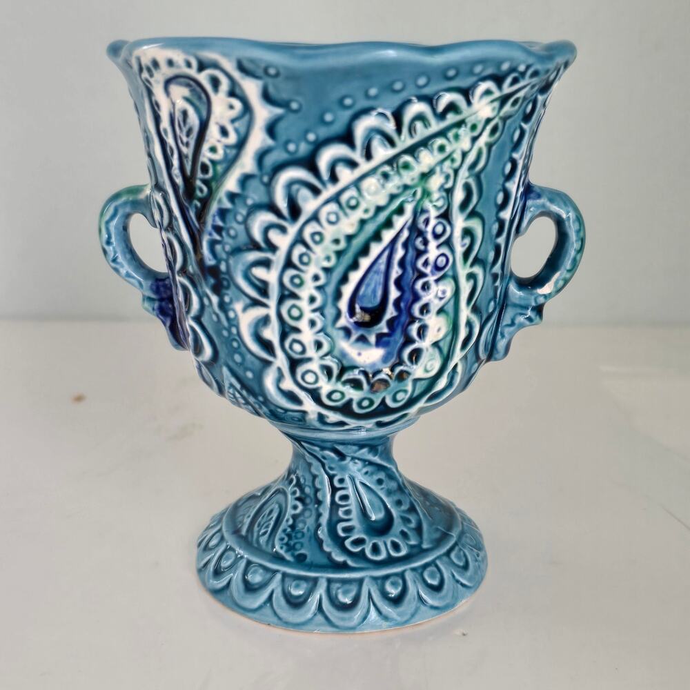 Vintage Relpo Embossed Footed Planter Mid Century Blue Green Paisley Retro 60s